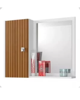 Armarinho De Banheiro Com Espelho 1 Porta E Prateleira Cor Branco/Ripado