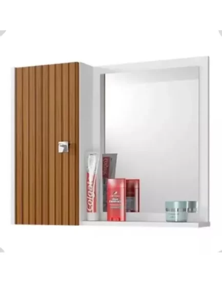 Armarinho De Banheiro Com Espelho 1 Porta E Prateleira Cor Branco/Ripado