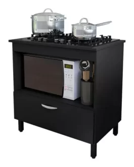 Balcão De Cozinha Compacto Para Cooktop 4 Ou 5 Bocas Com 1 Porta E Nicho Para Forno Cor Preto