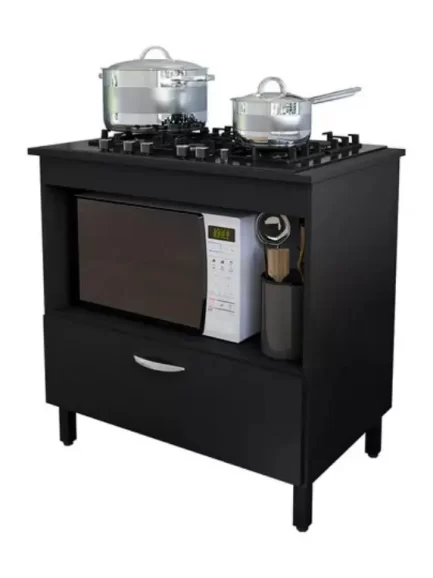Balcão De Cozinha Compacto Para Cooktop 4 Ou 5 Bocas Com 1 Porta E Nicho Para Forno Cor Preto
