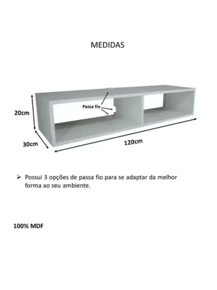 Rack Suspenso Para Sala Tv Em Mdf Nicho Painel Branco 120cm