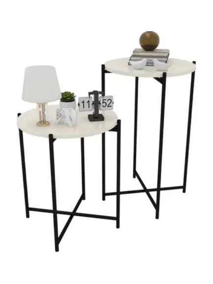 Kit 2 Mesinha Lateral Redonda Articulada Dobrável Tampo Mdf Cor Off white